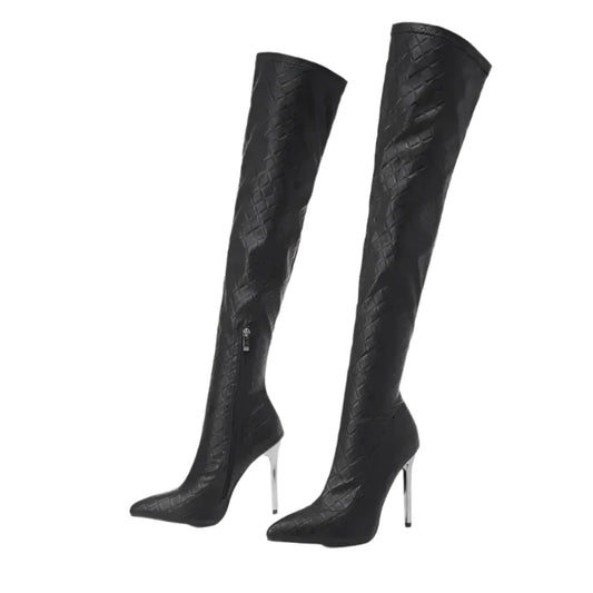 Metallic Over-The-Knee Stiletto Boots - Statement High Heel Thigh Highs