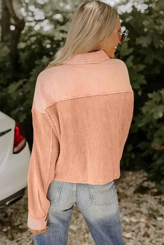Orange Textured Waffle Knit Chest Pockets Cropped Shacket-1