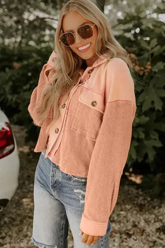 Orange Textured Waffle Knit Chest Pockets Cropped Shacket-2