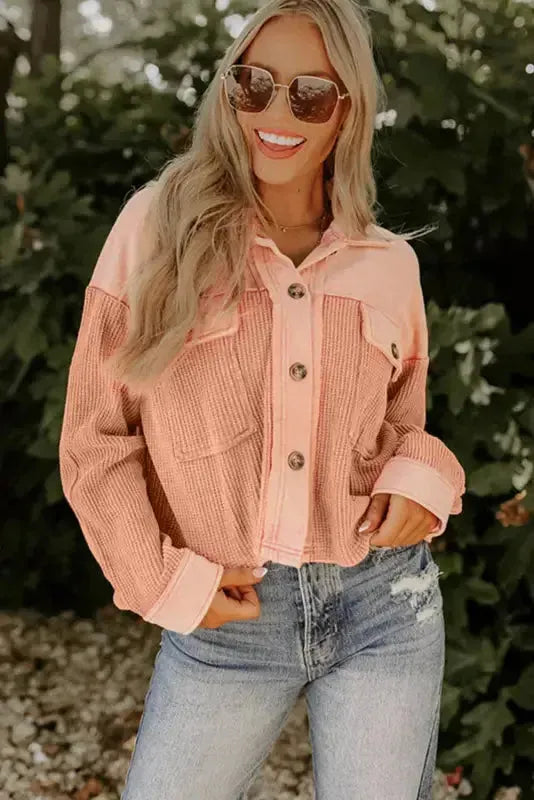 Orange Textured Waffle Knit Chest Pockets Cropped Shacket-3
