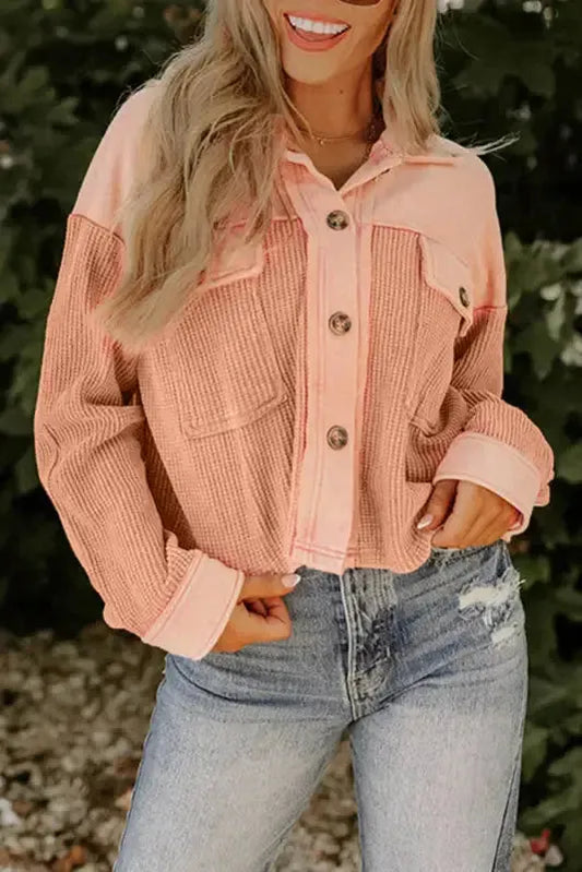 Orange Textured Waffle Knit Chest Pockets Cropped Shacket-0