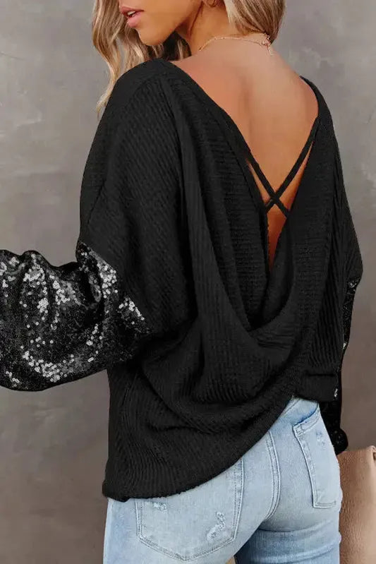Sequin Sleeve Open Back Waffle Knit Top - Black