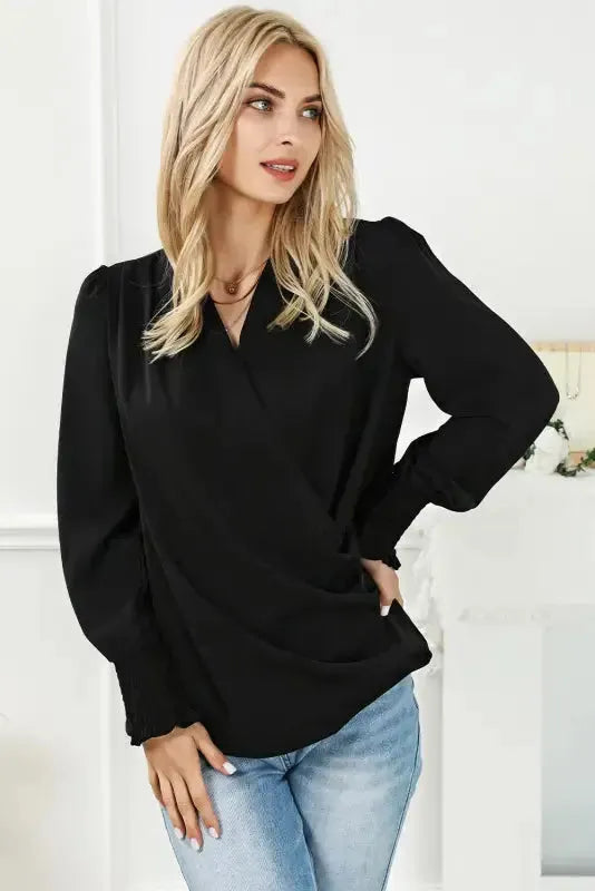Surplice Neck Shirred Cuffs Draped Blouse-3