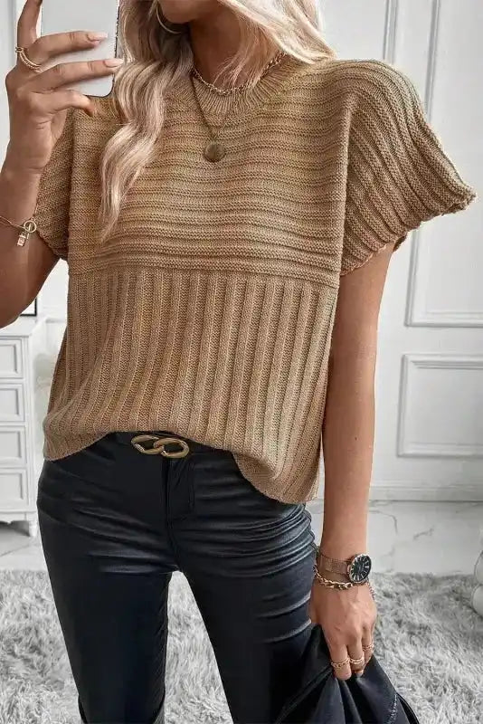 Beige Rib-Knit Top