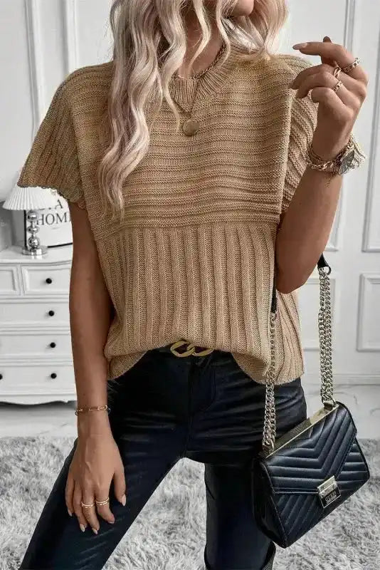 Beige Rib-Knit Top