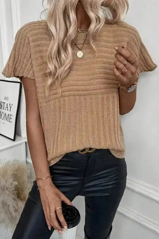Beige Rib-Knit Top