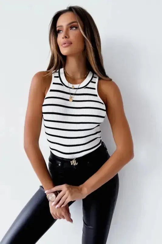 White Striped Ribbed Tank Top